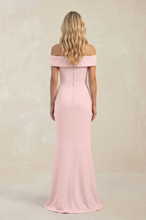 Off - the - Shoulder Sheath Satin Bridesmaid Dress With Slit in Rose Petal - SHE IS ME Bridesmaid Dresses