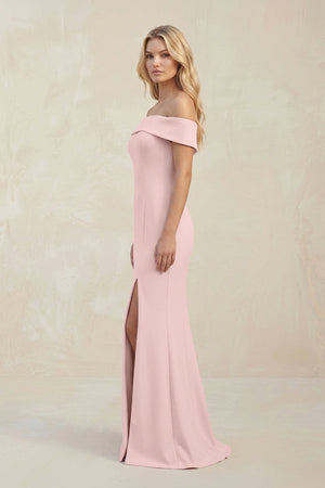 Off - the - Shoulder Sheath Satin Bridesmaid Dress With Slit in Rose Petal - SHE IS ME Bridesmaid Dresses