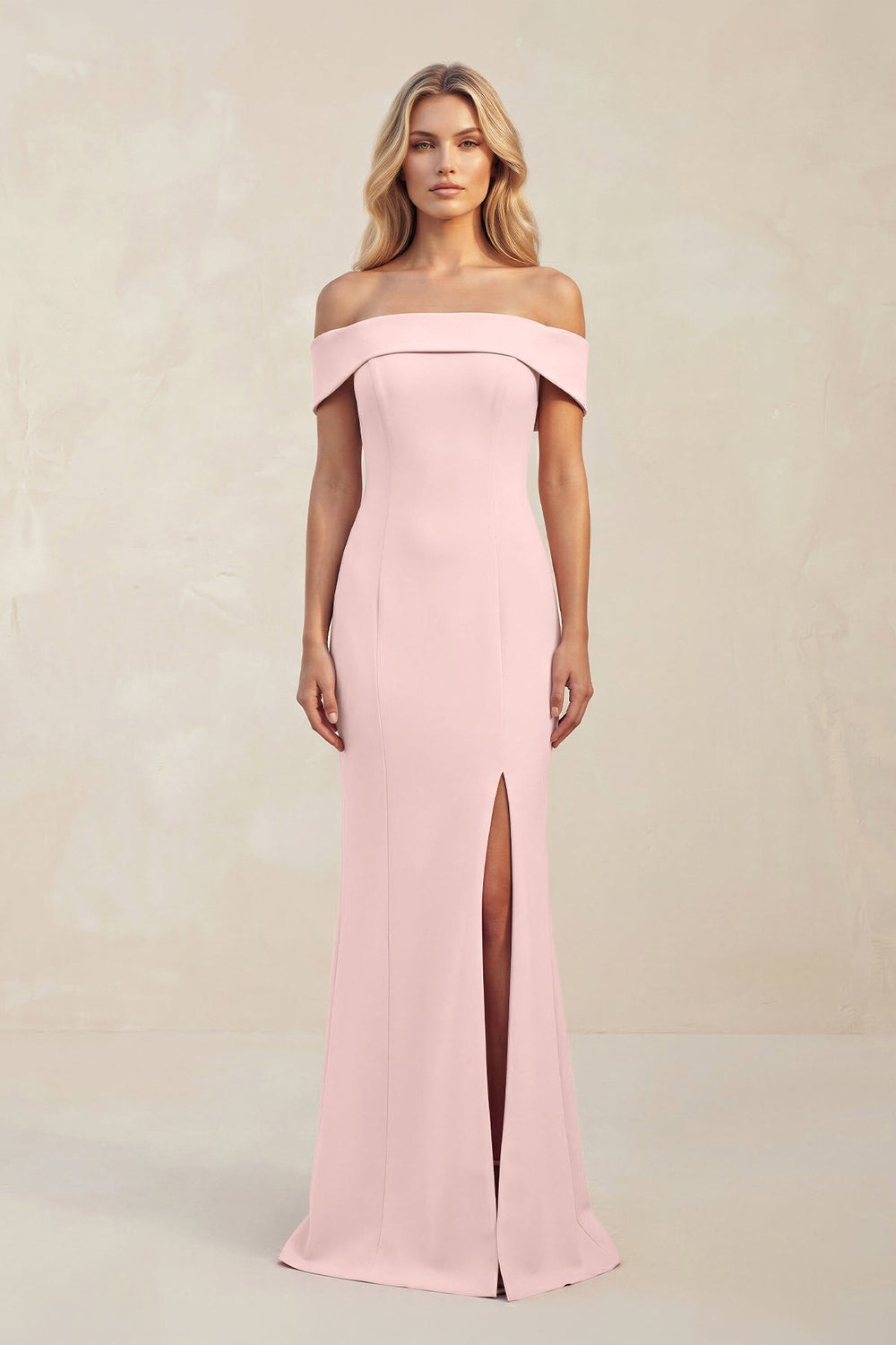 Off - the - Shoulder Sheath Satin Bridesmaid Dress With Slit in Rose Petal - SHE IS ME Bridesmaid Dresses