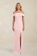 Off - the - Shoulder Sheath Satin Bridesmaid Dress With Slit in Rose Petal - SHE IS ME Bridesmaid Dresses