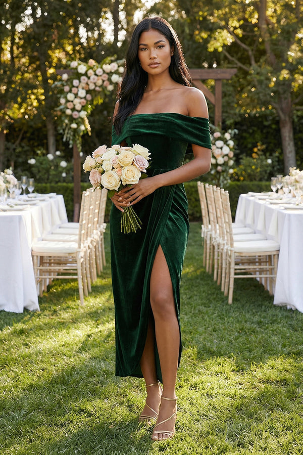 Off - the - Shoulder Sheath Velvet Midi Bridesmaid Dress in Dark Green - SHE IS ME Bridesmaid Dresses
