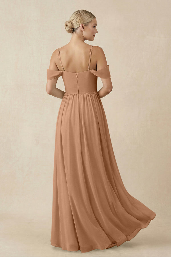 Off - the - Shoulder Sweetheart A - Line Chiffon Bridesmaid Dress in Bronzer - SHE IS ME Bridesmaid Dresses
