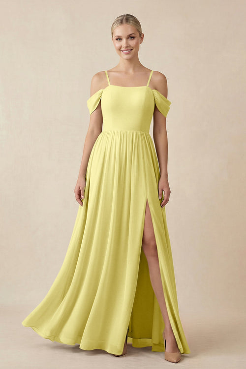 Off - the - Shoulder Sweetheart A - Line Chiffon Bridesmaid Dress in Buttercup - SHE IS ME Bridesmaid Dresses