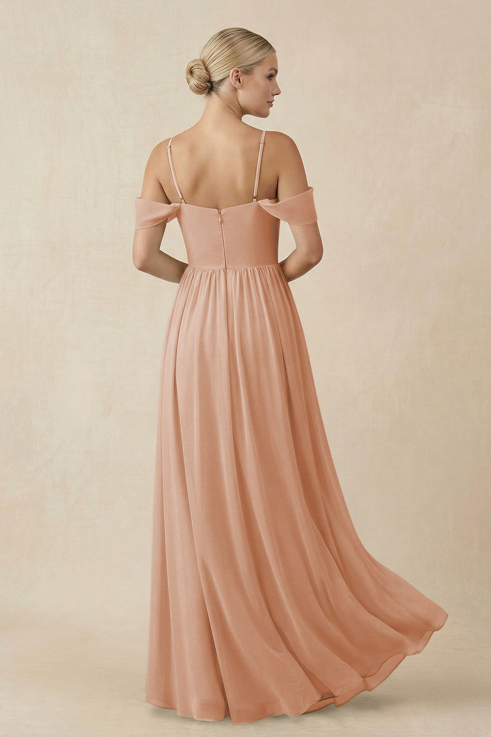 Off - the - Shoulder Sweetheart A - Line Chiffon Bridesmaid Dress in Champagne Rose - SHE IS ME Bridesmaid Dresses