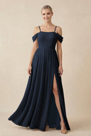 Off - the - Shoulder Sweetheart A - Line Chiffon Bridesmaid Dress in Dark Navy - SHE IS ME Bridesmaid Dresses
