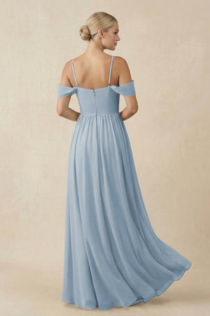 Off - the - Shoulder Sweetheart A - Line Chiffon Bridesmaid Dress in Dusty Blue - SHE IS ME Bridesmaid Dresses