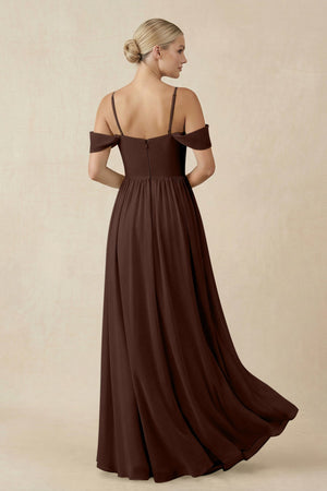 Off - the - Shoulder Sweetheart A - Line Chiffon Bridesmaid Dress in Espresso - SHE IS ME Bridesmaid Dresses