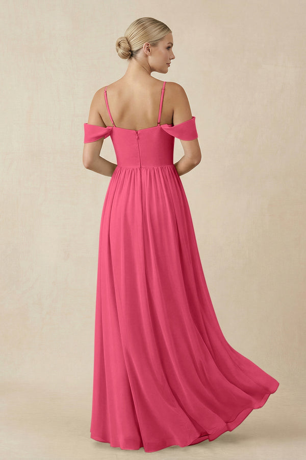 Off - the - Shoulder Sweetheart A - Line Chiffon Bridesmaid Dress in Fuchsia - SHE IS ME Bridesmaid Dresses