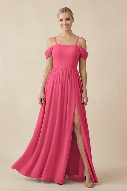Off - the - Shoulder Sweetheart A - Line Chiffon Bridesmaid Dress in Fuchsia - SHE IS ME Bridesmaid Dresses