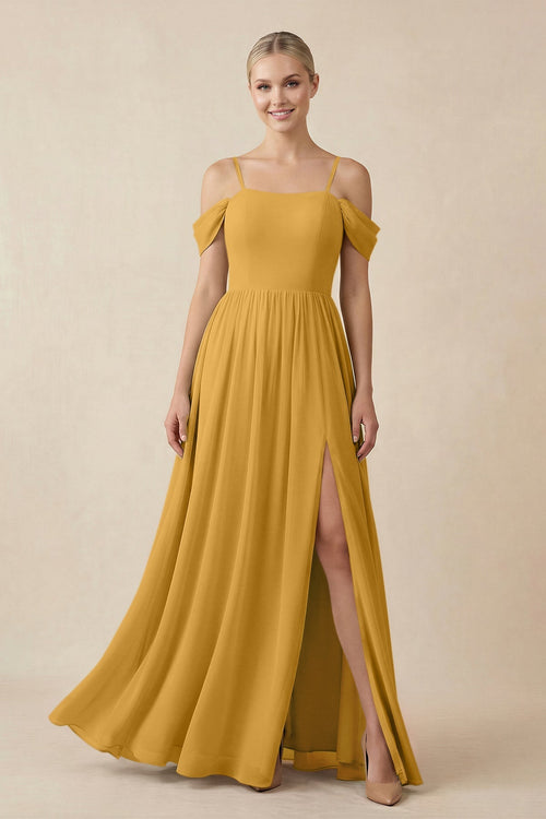 Off - the - Shoulder Sweetheart A - Line Chiffon Bridesmaid Dress in Marigold - SHE IS ME Bridesmaid Dresses