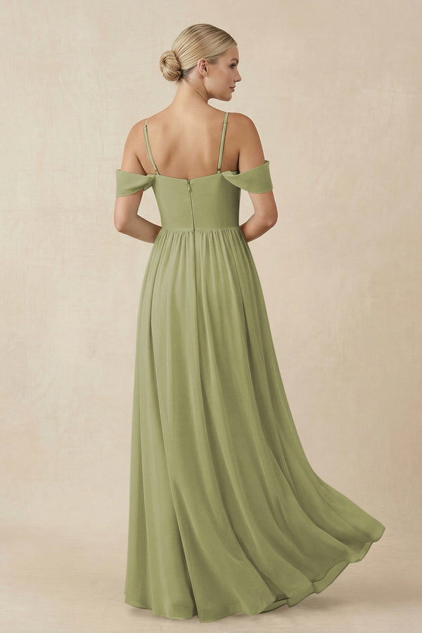 Off - the - Shoulder Sweetheart A - Line Chiffon Bridesmaid Dress in Moss Green - SHE IS ME Bridesmaid Dresses