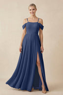 Off - the - Shoulder Sweetheart A - Line Chiffon Bridesmaid Dress in Navy - SHE IS ME Bridesmaid Dresses