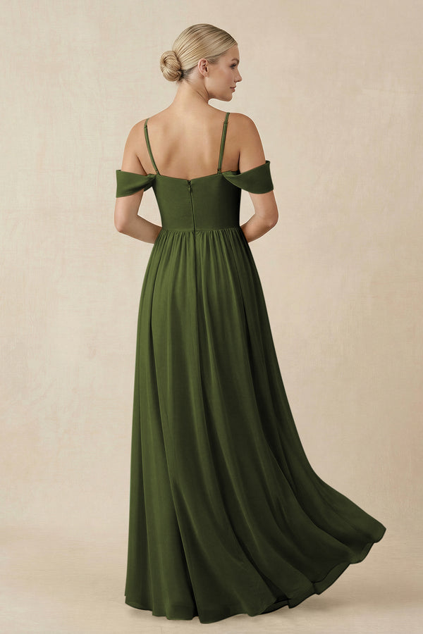 Off - the - Shoulder Sweetheart A - Line Chiffon Bridesmaid Dress in Olive - SHE IS ME Bridesmaid Dresses
