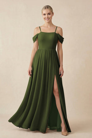 Off - the - Shoulder Sweetheart A - Line Chiffon Bridesmaid Dress in Olive - SHE IS ME Bridesmaid Dresses