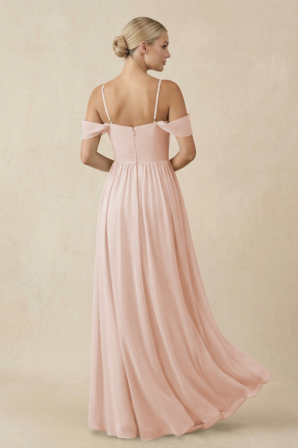 Off - the - Shoulder Sweetheart A - Line Chiffon Bridesmaid Dress in Pale Blush - SHE IS ME Bridesmaid Dresses