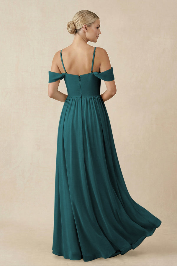 Off - the - Shoulder Sweetheart A - Line Chiffon Bridesmaid Dress in Pine - SHE IS ME Bridesmaid Dresses