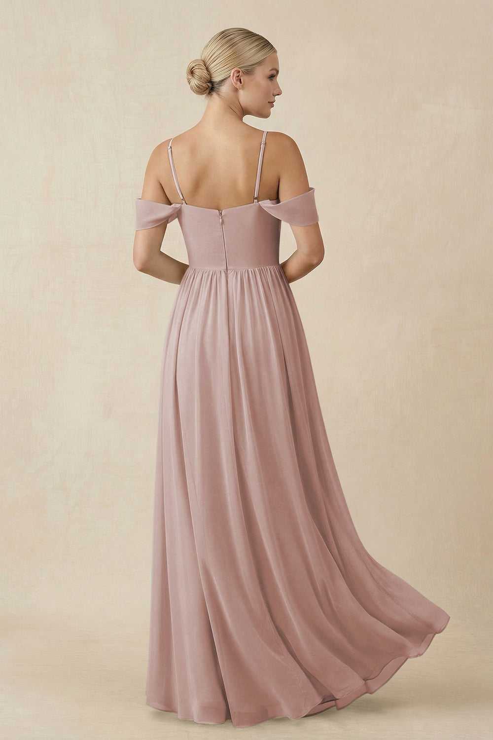 Off - the - Shoulder Sweetheart A - Line Chiffon Bridesmaid Dress in Toffee - SHE IS ME Bridesmaid Dresses