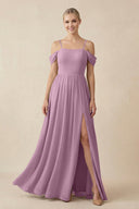 Off - the - Shoulder Sweetheart A - Line Chiffon Bridesmaid Dress in Wisteria - SHE IS ME Bridesmaid Dresses