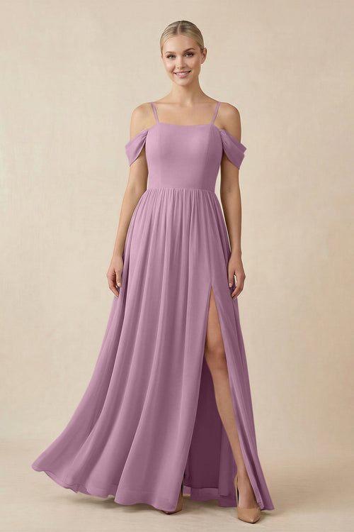 Off - the - Shoulder Sweetheart A - Line Chiffon Bridesmaid Dress in Wisteria - SHE IS ME Bridesmaid Dresses
