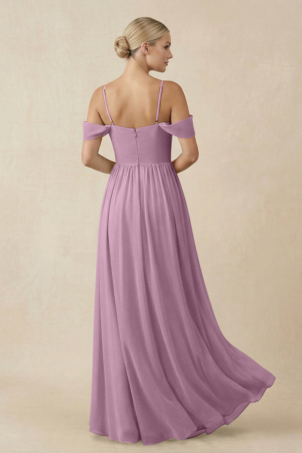 Off - the - Shoulder Sweetheart A - Line Chiffon Bridesmaid Dress in Wisteria - SHE IS ME Bridesmaid Dresses