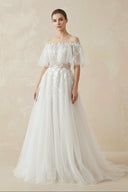 Off - the - Shoulder Tulle A - Line Wedding Dress with Appliqué - SHE IS ME Wedding Dresses