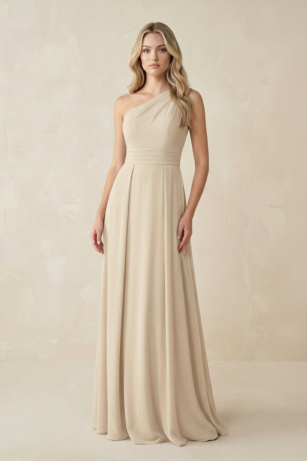 One - Shoulder A - Line Chiffon Bridesmaid Dress in Champagne - SHE IS ME Bridesmaid Dresses