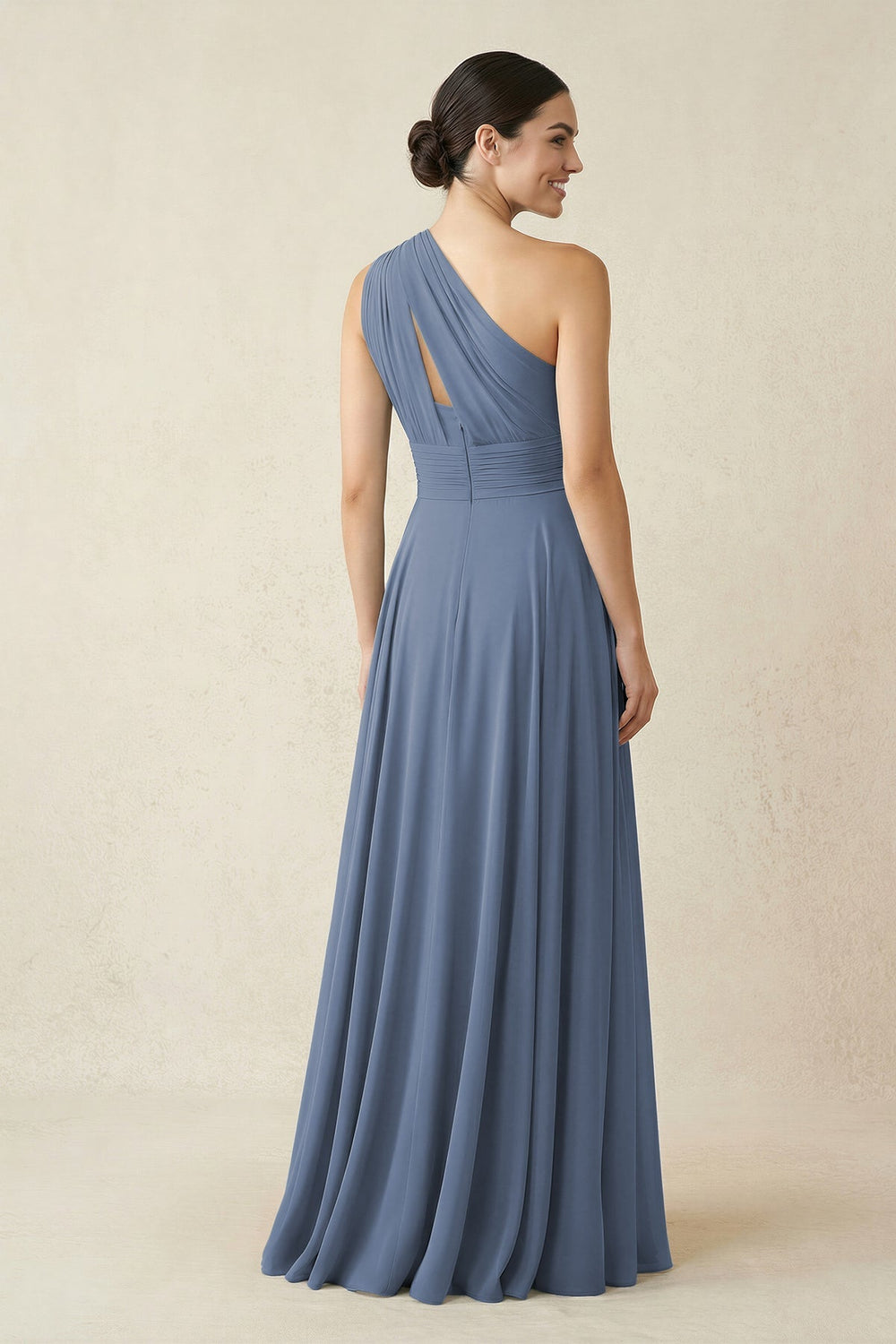 One - Shoulder A - Line Pleated Chiffon Bridesmaid Dress in Neptune - SHE IS ME Bridesmaid Dresses