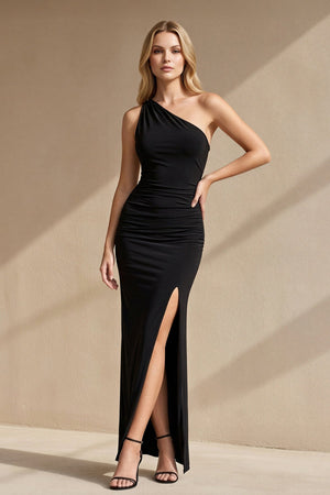 One Shoulder Maxi Dress With Slit in Black - SHE IS ME