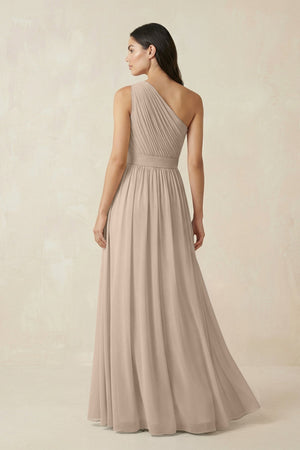 One - Shoulder Pleated Chiffon Bridesmaid Gown in Almond - SHE IS ME Bridesmaid Dresses