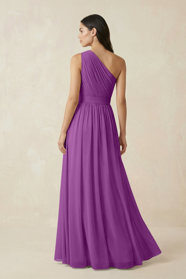 One - Shoulder Pleated Chiffon Bridesmaid Gown in Amethyst - SHE IS ME Bridesmaid Dresses