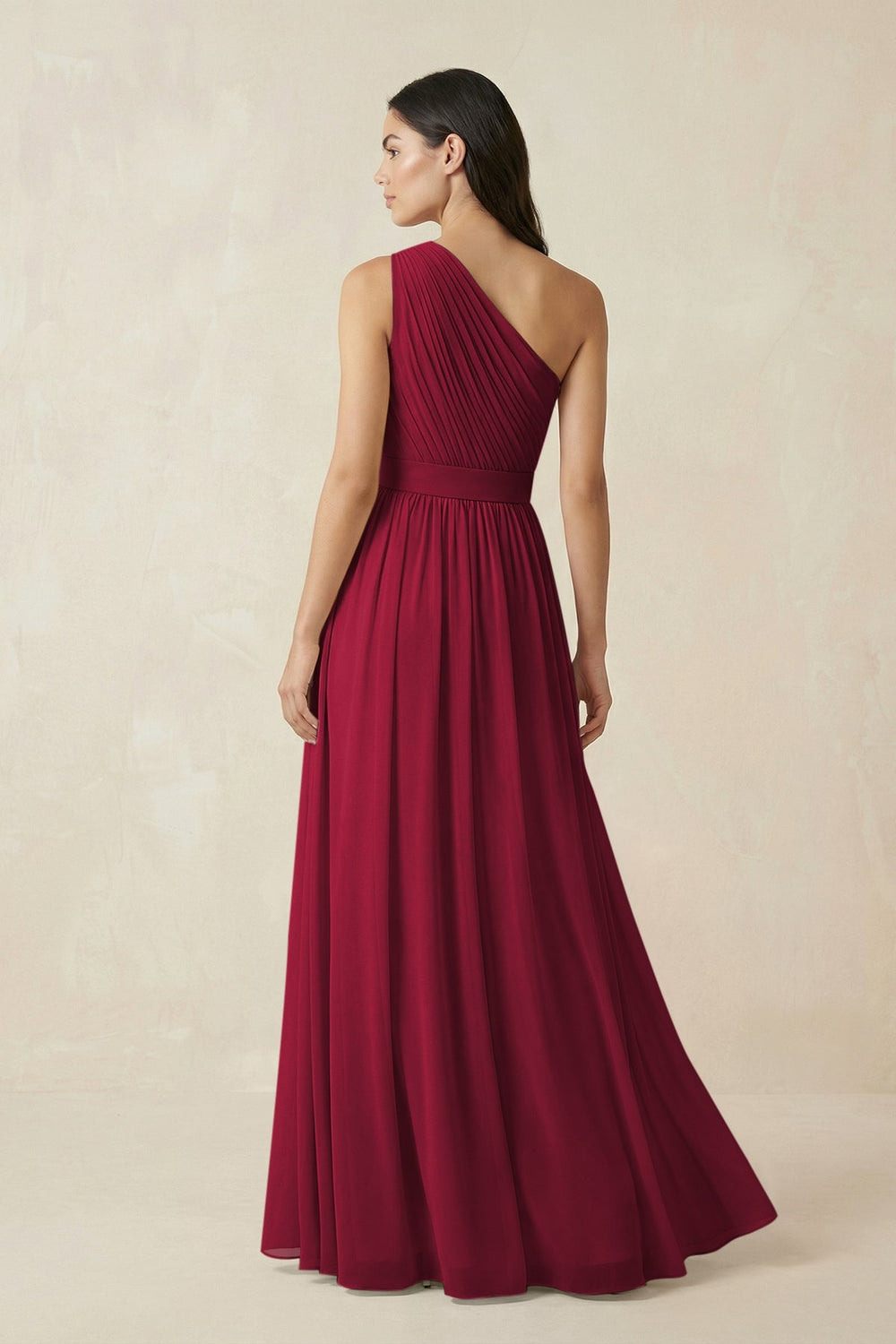 One - Shoulder Pleated Chiffon Bridesmaid Gown in Berry - SHE IS ME Bridesmaid Dresses
