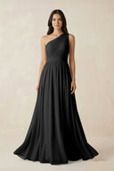 One - Shoulder Pleated Chiffon Bridesmaid Gown in Black - SHE IS ME Bridesmaid Dresses