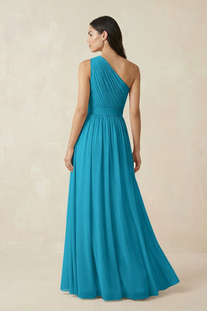 One - Shoulder Pleated Chiffon Bridesmaid Gown in Blue Jay - SHE IS ME Bridesmaid Dresses