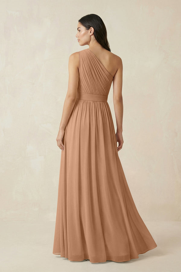 One - Shoulder Pleated Chiffon Bridesmaid Gown in Bronzer - SHE IS ME Bridesmaid Dresses