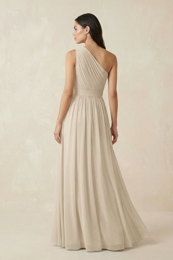 One - Shoulder Pleated Chiffon Bridesmaid Gown in Champagne - SHE IS ME Bridesmaid Dresses