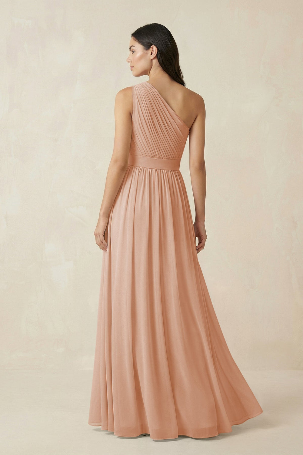 One - Shoulder Pleated Chiffon Bridesmaid Gown in Champagne Rose - SHE IS ME Bridesmaid Dresses