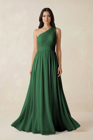 One - Shoulder Pleated Chiffon Bridesmaid Gown in Dark Green - SHE IS ME Bridesmaid Dresses