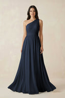 One - Shoulder Pleated Chiffon Bridesmaid Gown in Dark Navy - SHE IS ME Bridesmaid Dresses