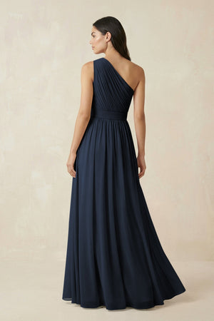 One - Shoulder Pleated Chiffon Bridesmaid Gown in Dark Navy - SHE IS ME Bridesmaid Dresses