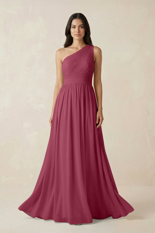 One - Shoulder Pleated Chiffon Bridesmaid Gown in Desert Rose - SHE IS ME Bridesmaid Dresses