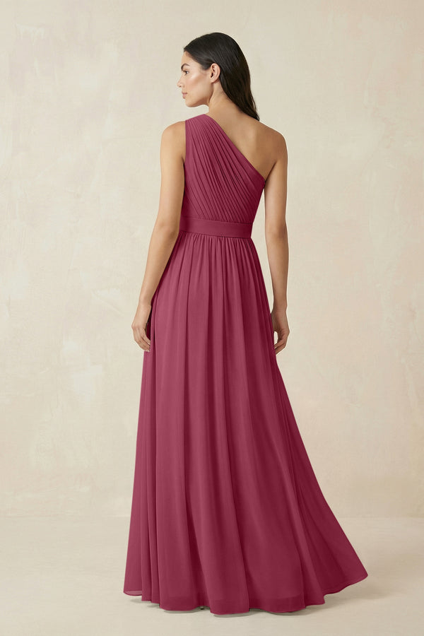 One - Shoulder Pleated Chiffon Bridesmaid Gown in Desert Rose - SHE IS ME Bridesmaid Dresses
