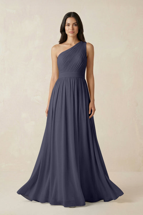 One - Shoulder Pleated Chiffon Bridesmaid Gown in Dusk Blue - SHE IS ME Bridesmaid Dresses