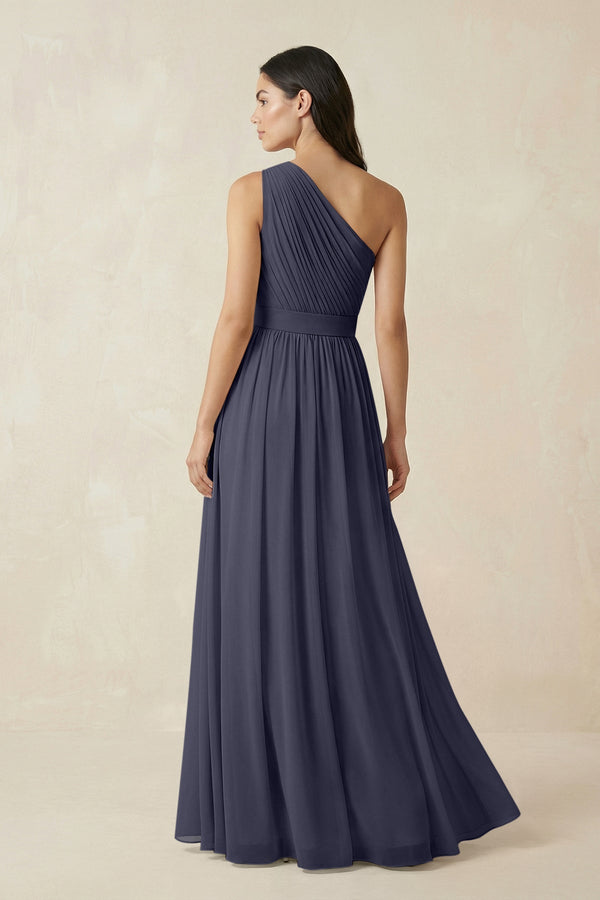 One - Shoulder Pleated Chiffon Bridesmaid Gown in Dusk Blue - SHE IS ME Bridesmaid Dresses