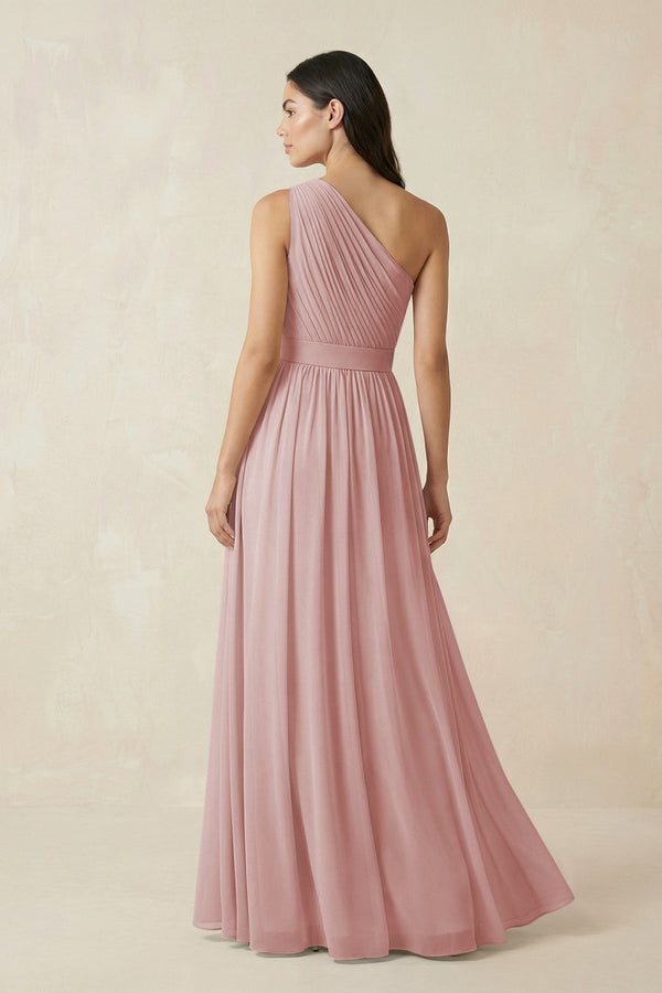One - Shoulder Pleated Chiffon Bridesmaid Gown in Dusty Rose - SHE IS ME Bridesmaid Dresses