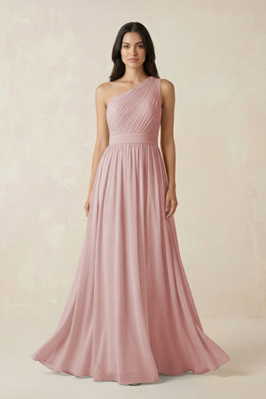 One - Shoulder Pleated Chiffon Bridesmaid Gown in Dusty Rose - SHE IS ME Bridesmaid Dresses
