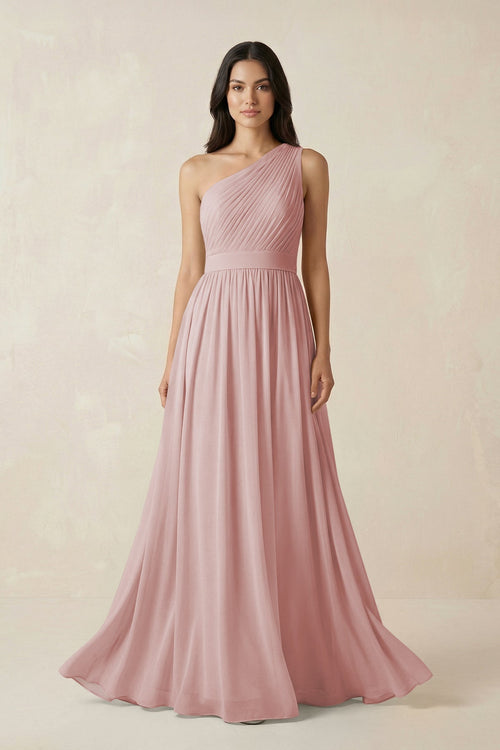 One - Shoulder Pleated Chiffon Bridesmaid Gown in Dusty Rose - SHE IS ME Bridesmaid Dresses