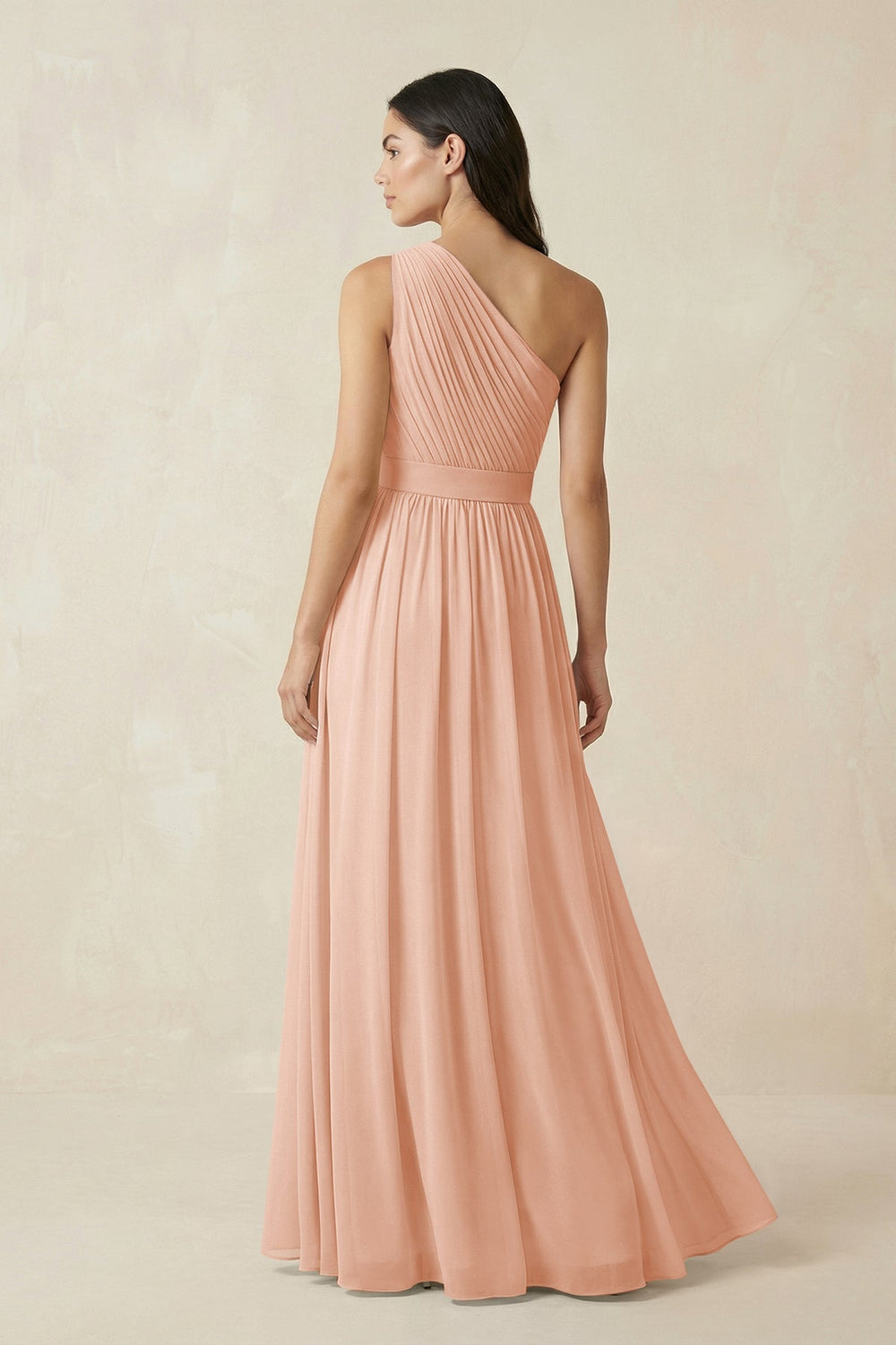 One - Shoulder Pleated Chiffon Bridesmaid Gown in English Rose - SHE IS ME Bridesmaid Dresses