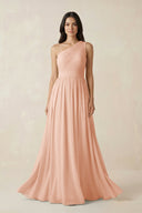 One - Shoulder Pleated Chiffon Bridesmaid Gown in English Rose - SHE IS ME Bridesmaid Dresses