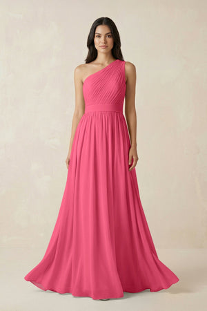 One - Shoulder Pleated Chiffon Bridesmaid Gown in Fuchsia - SHE IS ME Bridesmaid Dresses