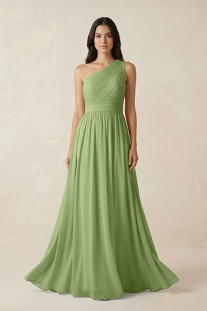 One - Shoulder Pleated Chiffon Bridesmaid Gown in Matcha - SHE IS ME Bridesmaid Dresses
